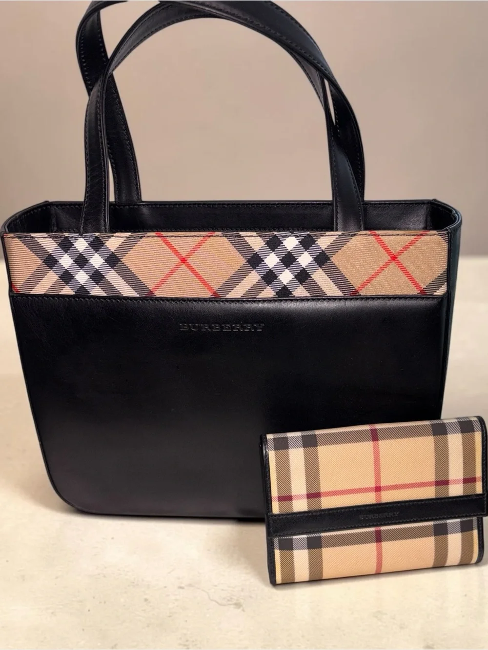 Burberry Black Leather Tote with Classic Nova Check Accent + Matching Wallet